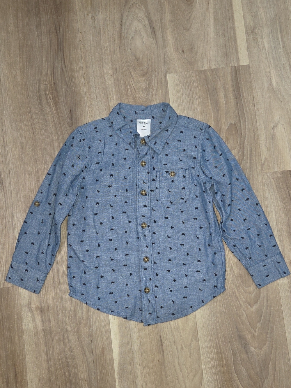 •Okie Dokie• Toddler Boys Blue Jean Dinosaur Button Down Top